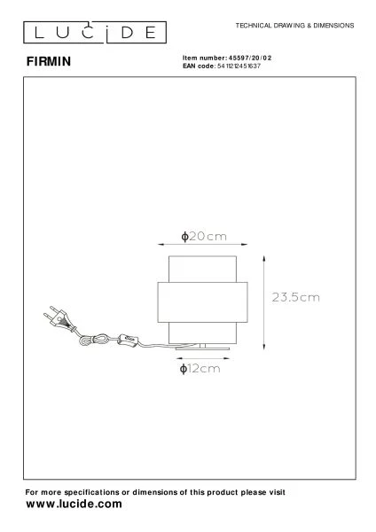 Lucide FIRMIN - Lampe de table - Ø 20 cm - 1xE27 - Or Mat / Laiton - TECHNISCH